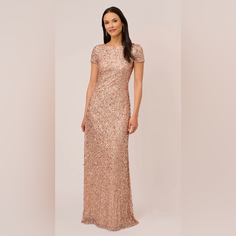 Adrianna Papell Rose Gold Short Sleeve Sequin Dress - Size 6